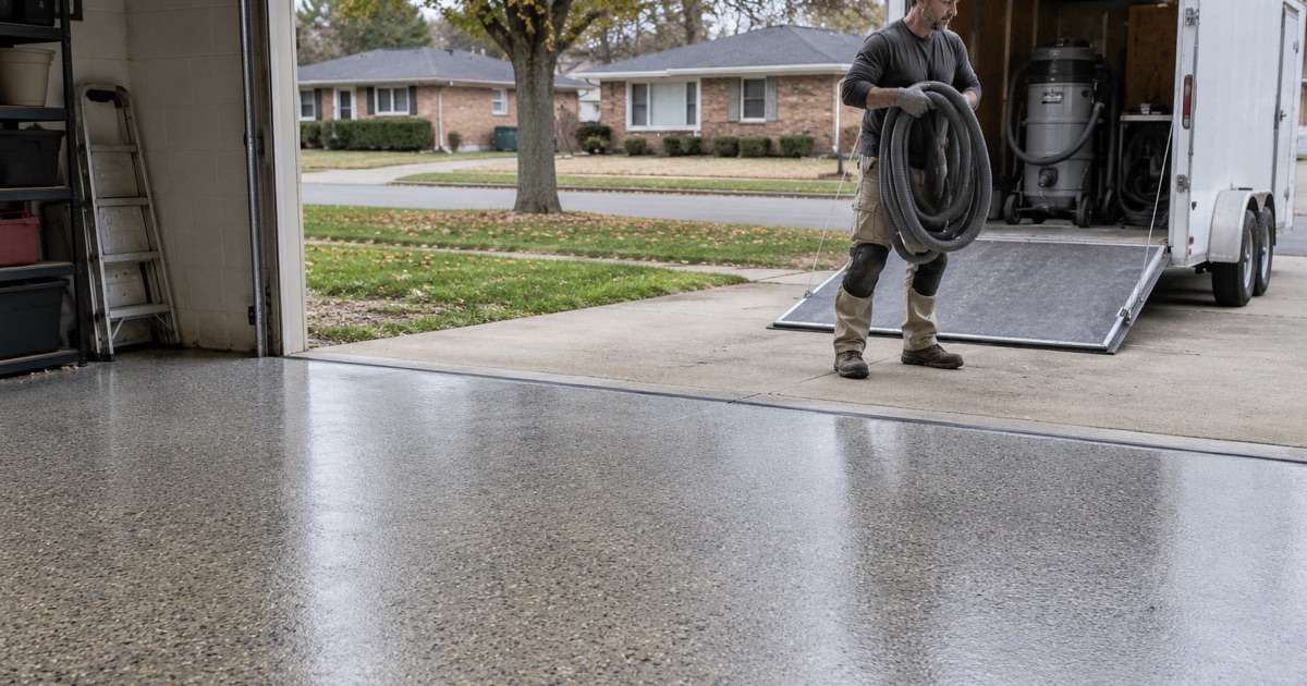The installer coiling the dust-extractor hose on a Waukegan driveway at the end of a garage floor job.