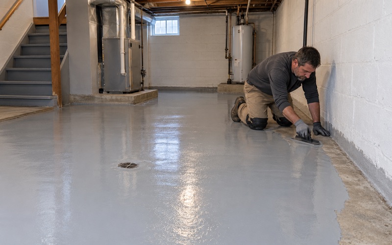 Epoxy pulled into the wall junction of a Waukegan basement floor with a short squeegee, the field already coated.