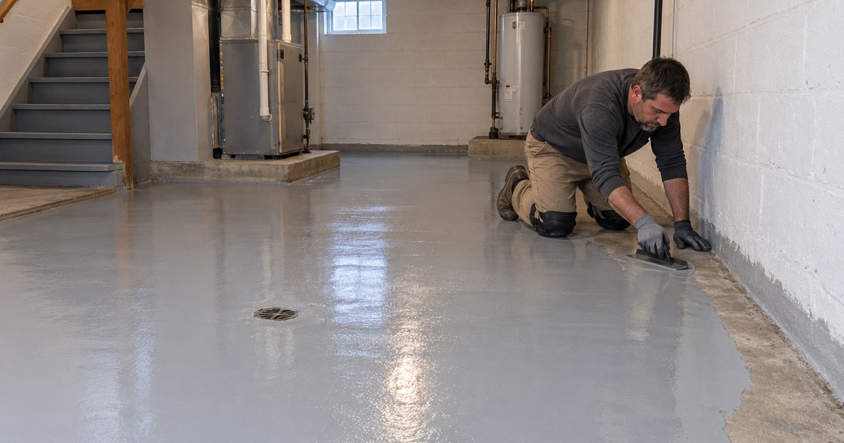 Epoxy pulled into the wall junction of a Waukegan basement floor with a short squeegee, the field already coated.