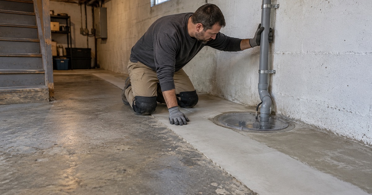 A new interior drain tile strip and sump basin along the foundation wall of a Waukegan basement, finished before the floor is coated.