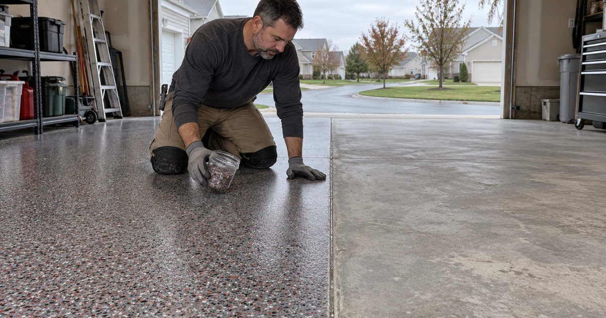 A jar of loose color chip held over a cured flake floor in a Waukegan garage to compare the blend before a second bay is ordered.