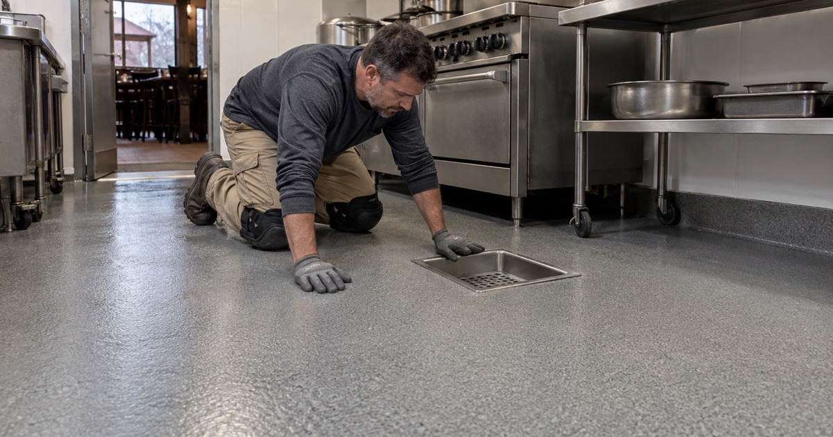 A new urethane cement floor in a Waukegan restaurant kitchen, checked where it meets a stainless floor sink.