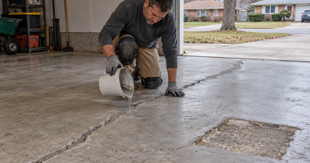 Repair mortar poured into a chased crack across an old Waukegan garage slab, before the floor is ground and coated.