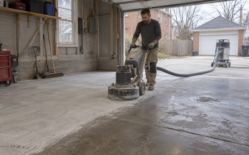 A walk-behind planetary grinder opening an old Waukegan garage slab, half the floor already ground pale.
