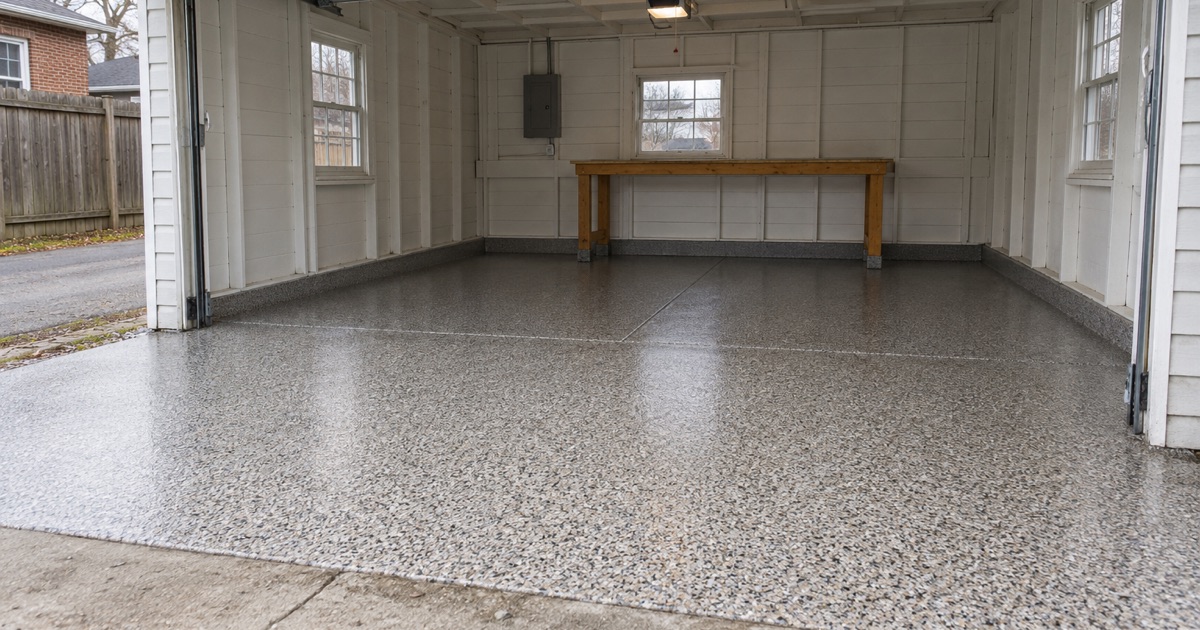 An empty finished flake floor in a detached garage behind a Waukegan bungalow, handed back with the door open to the alley.