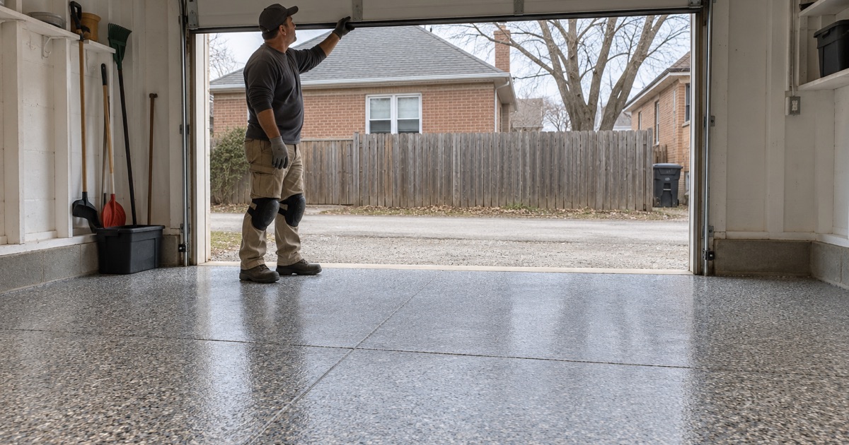 A finished flake floor revealed as the door of a detached garage behind a Waukegan brick bungalow is raised to the alley.