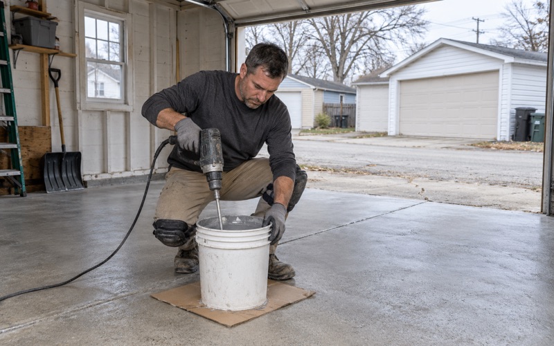 A batch of epoxy base coat being mixed at the door of a ground, swept garage behind a Waukegan bungalow.