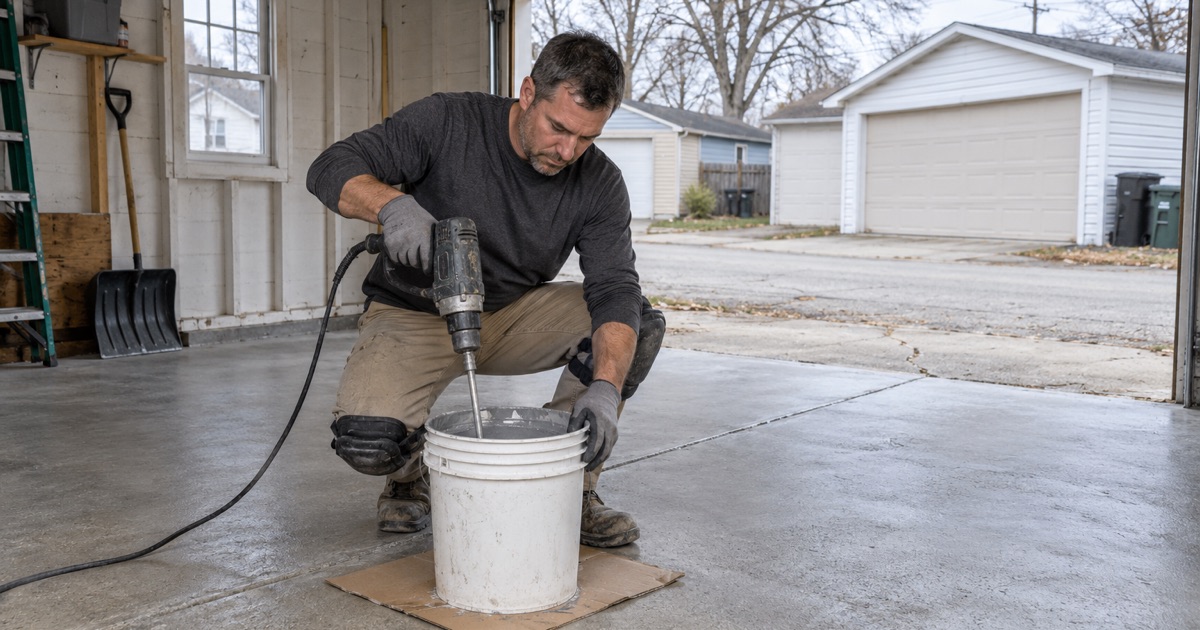 A batch of epoxy base coat being mixed at the door of a ground, swept garage behind a Waukegan bungalow.