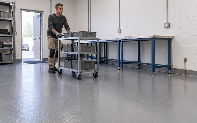 A parts cart rolled across a new static-dissipative floor in a Waukegan electronics assembly room.
