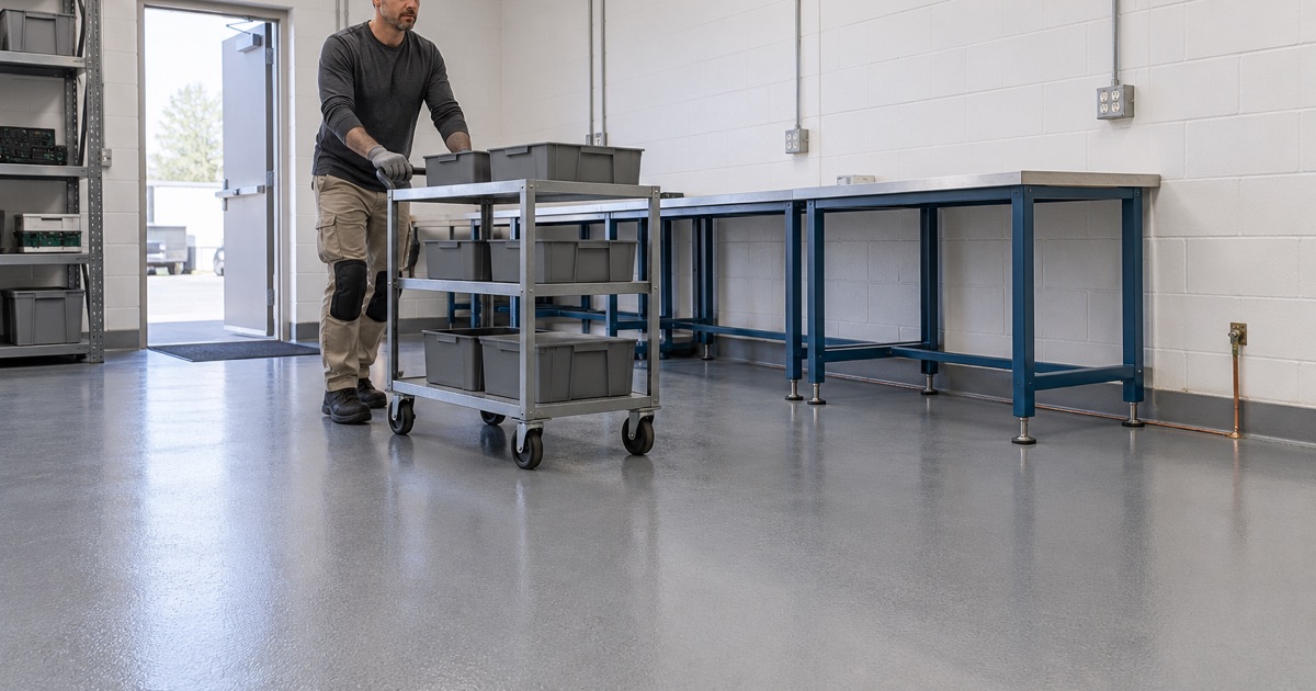 A parts cart rolled across a new static-dissipative floor in a Waukegan electronics assembly room.
