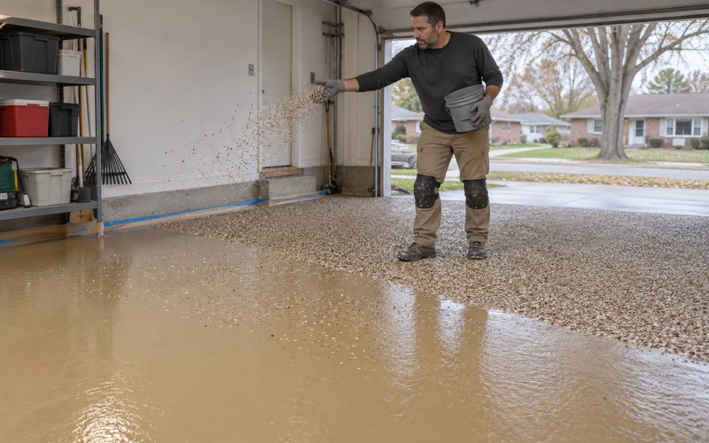 Tan and brown vinyl flake broadcast by hand onto a wet base coat in a Waukegan garage, chip scattering mid-air.