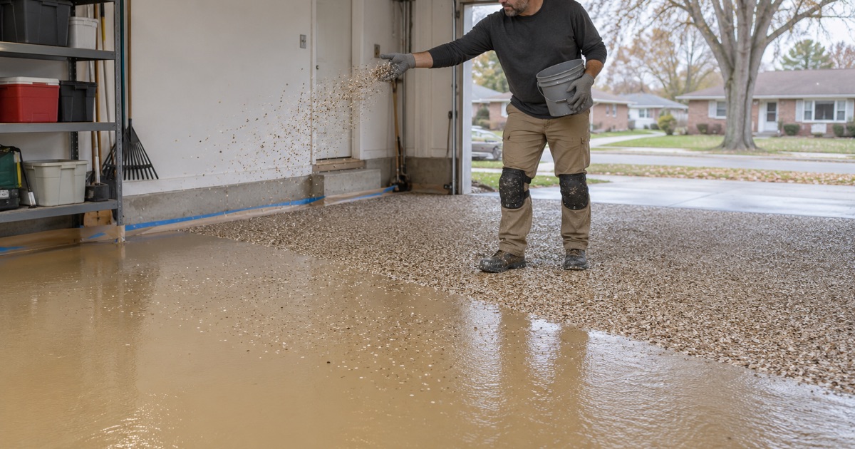 Tan and brown vinyl flake broadcast by hand onto a wet base coat in a Waukegan garage, chip scattering mid-air.