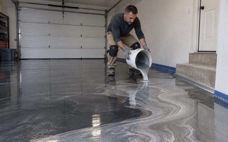 A silver metallic epoxy ribbon poured across a dark base coat in a Waukegan garage, the pigment still moving.
