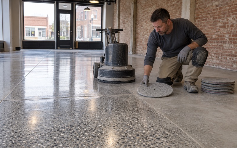 A fresh polishing pad laid down beside a planetary machine on a half-polished concrete floor in a downtown Waukegan storefront.