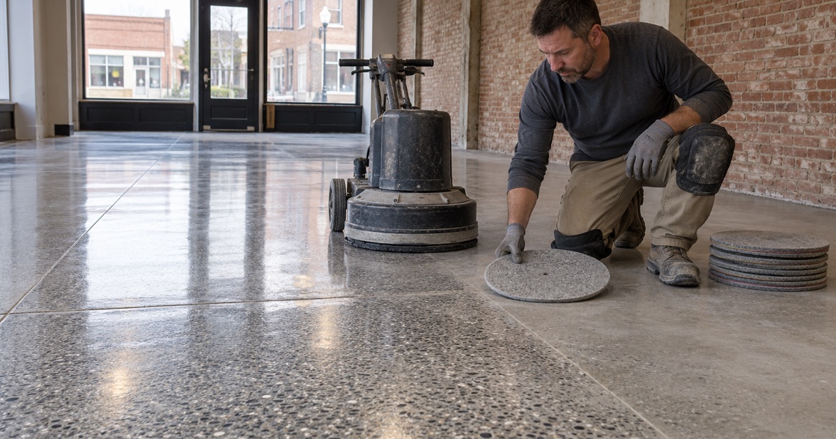 A fresh polishing pad laid down beside a planetary machine on a half-polished concrete floor in a downtown Waukegan storefront.