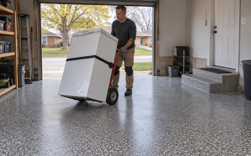 A chest freezer wheeled back onto a Waukegan garage floor coated with polyaspartic the same day.