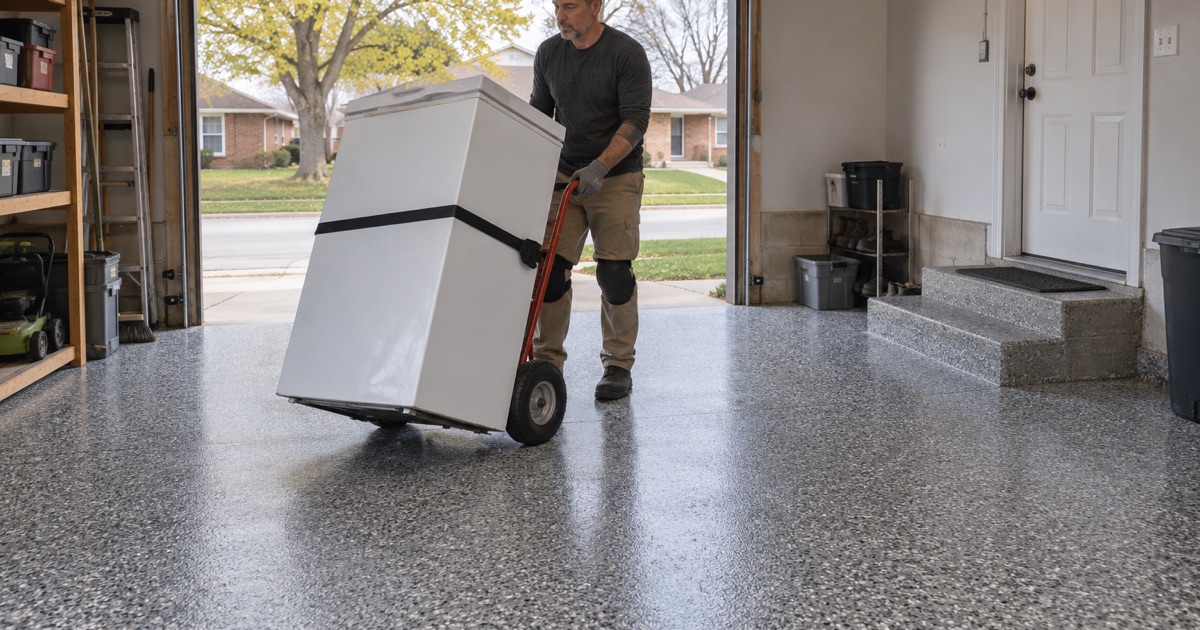 A chest freezer wheeled back onto a Waukegan garage floor coated with polyaspartic the same day.