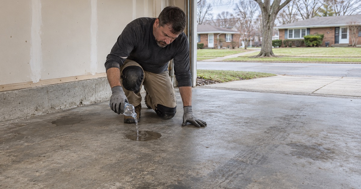 A first check on a bare Waukegan garage slab, a little water poured on to see whether the old concrete soaks it in.