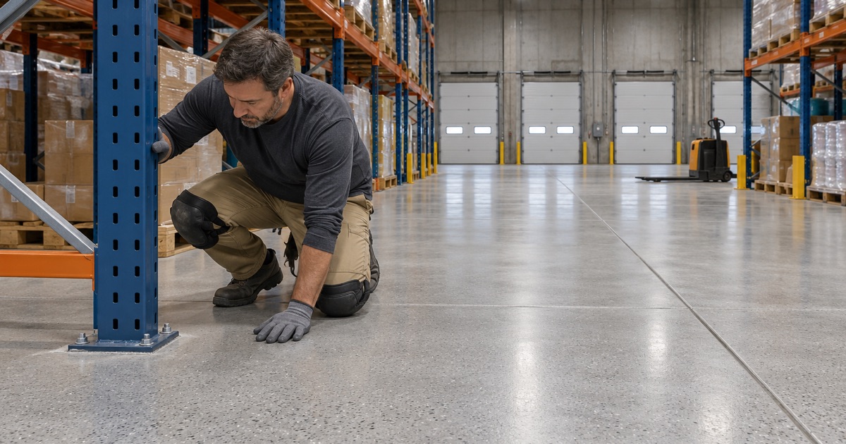 A coated aisle in a Waukegan fulfillment building, the coating checked where a pallet rack upright is anchored to the slab.